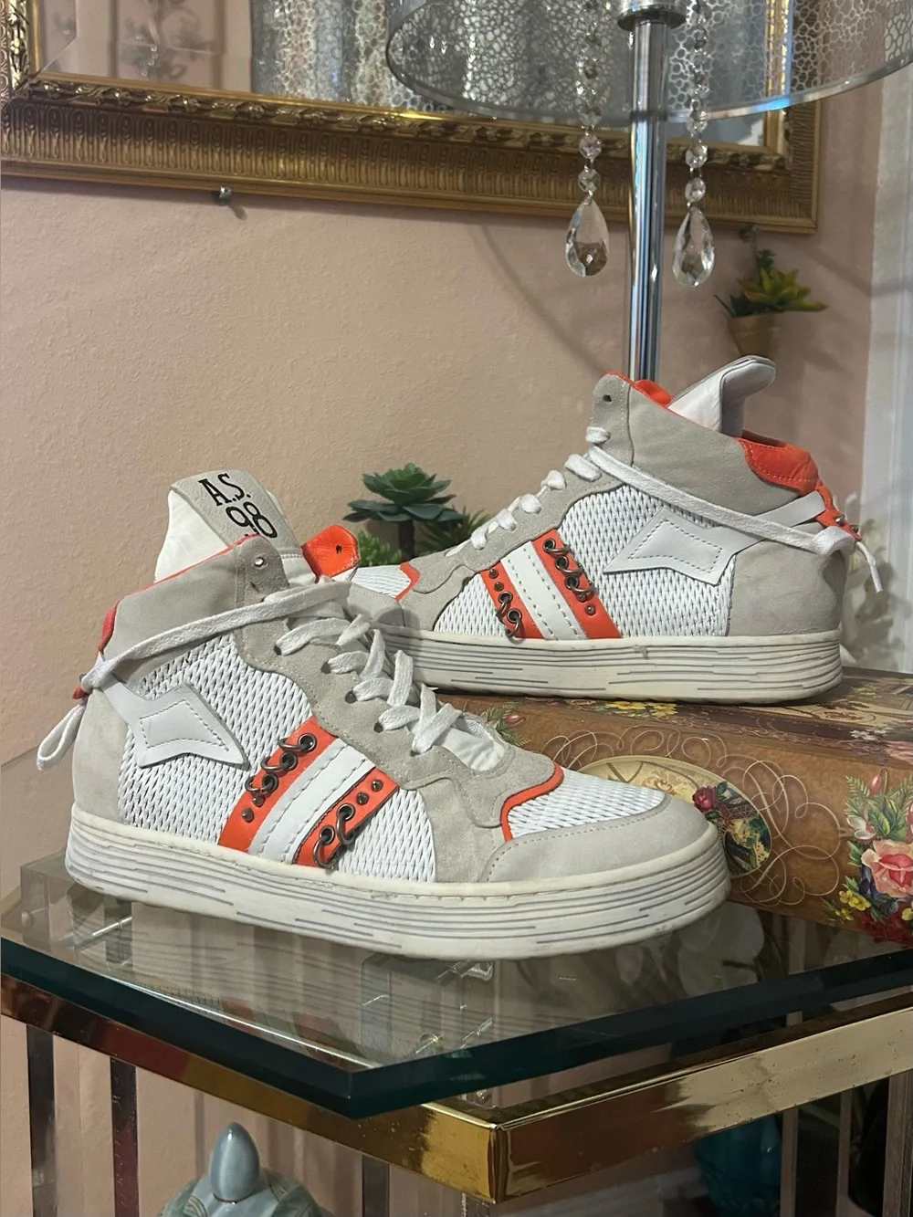 A.S.98 Women's High-Top Punk Rock Sneakers in White & Orange Size 40/9-9.5